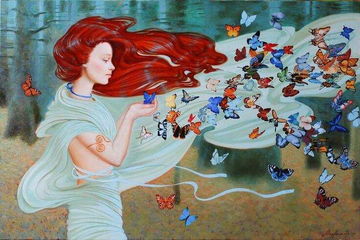 Kobieta na wietrze, z motylami