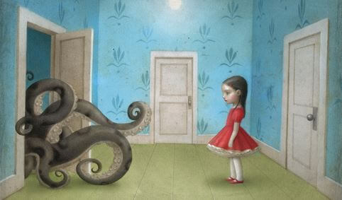 Dziewczynka patrząca na macki wychodzące zza drzwi