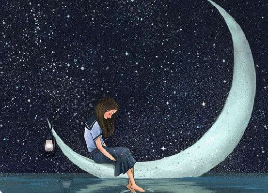 Smutna dziewczyna siedząca na księżycu