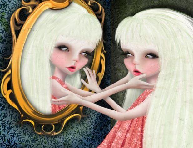 Narcystyczna dziewczynka i jej odbicie w lustrze