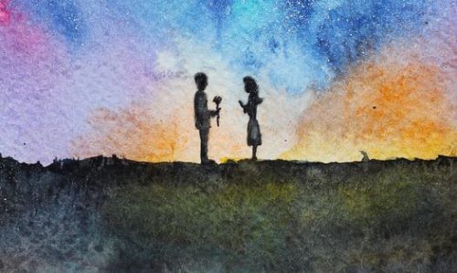 Związek jako mężczyzna wręczający kwiat kobiecie na łące