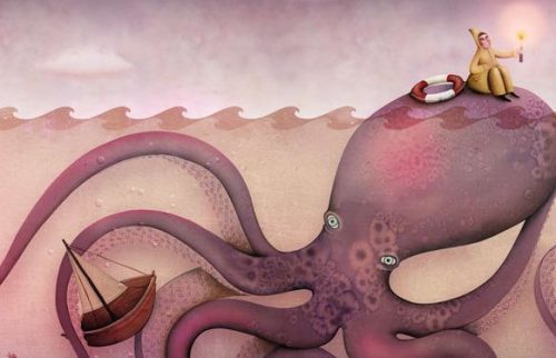 Człowiek siedzi na ośmiornicy jako wyspie