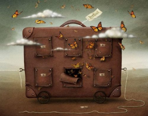 Latające motyle wokół walizki