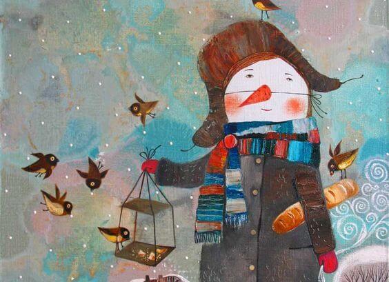 Bałwan z ptaszkami.