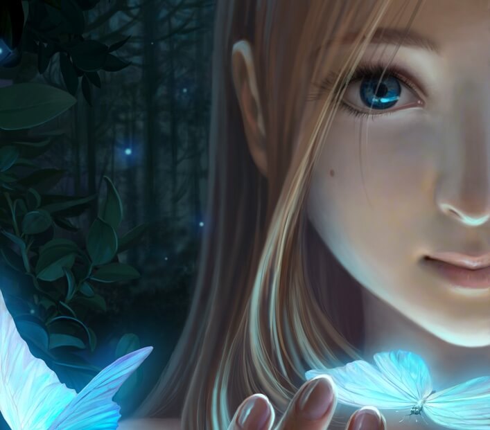 Dziewczynka trzyma w dłoni świecącego motyla.