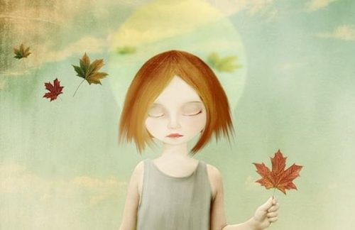 Dziewczyna pośród liści przedstawiających emocje