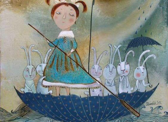 Dziewczyna na łódce z króliczkami.