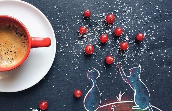 Kawa w filiżance i wizerunki kotków.