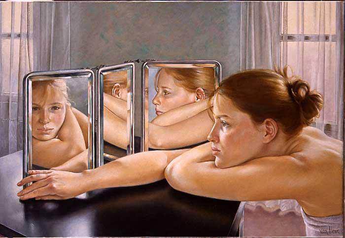 Kobieta, wiele twarzy w lustrze.