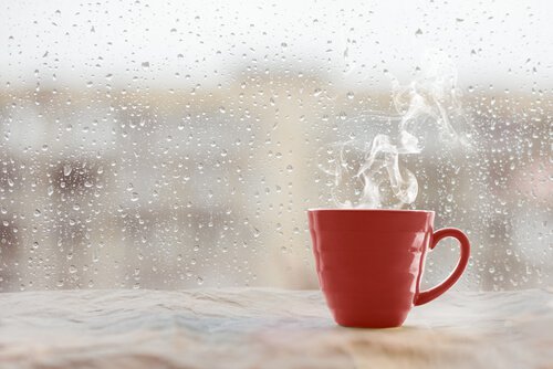 Kubek gorącej herbaty przy oknie w deszczowy dzień