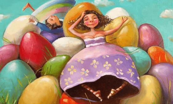 Dzieci na kolorowych jajkach.