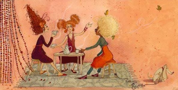 Trzy kobiety pija kawę.