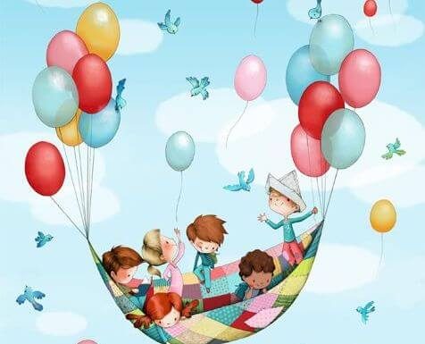 Dzieci na kocu unoszonym przez balony
