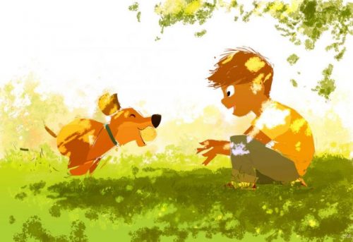 dzieciak bawi się z pieskiem