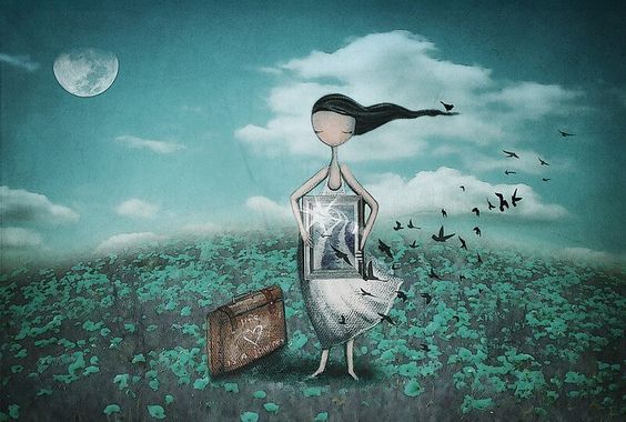 Dziewczyna z ptaszkami trzyma w dłoniach obraz.