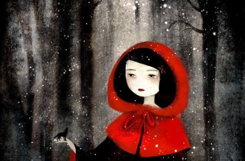 Hipokryzja - dziewczyna w czerwonym kapturze trzymająca na dłoni wilka