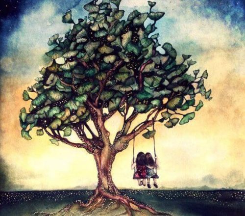 Dwie dziewczynki na jednej huśtawce