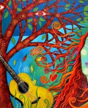 Kolorowa kobieta z gitarą i drzewem w tle