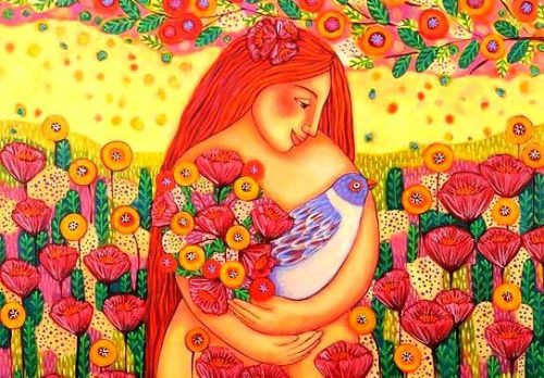 Obfitość - kobieta z kwiatami i ptakiem w rękach