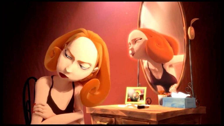 Niezadowolona dziewczyna i jej uśmiechnięte oblicze wyłaniające się z lustra.