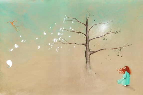 Drzewo i rudowłosa dziewczynka.