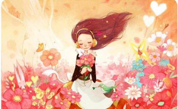 Dziewczynka z kwiatami w dłoni.