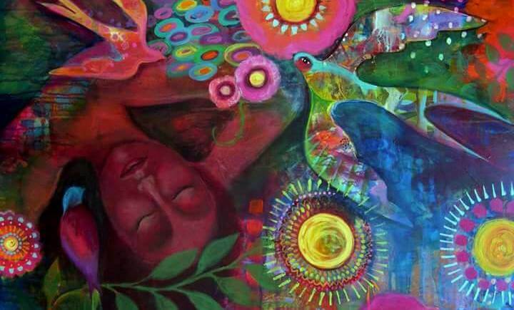 Kolorowa kobieta i kolorowy ptak.