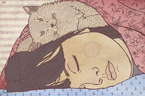 Kobieta śpi z kotem na twarzy