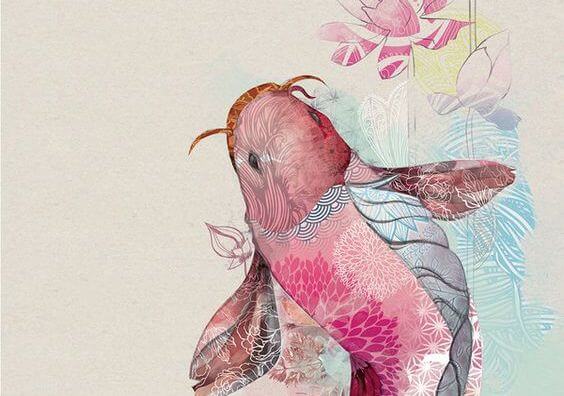 Różowa ryba ze skrzydłami.