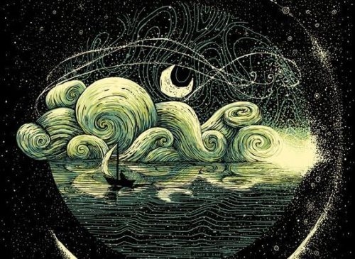 Łódka nocą nad jeziorem