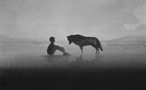 Negatywność - chłopak i wilk we mgle