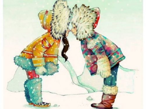Dwaj eskimosi przytulają się nosami