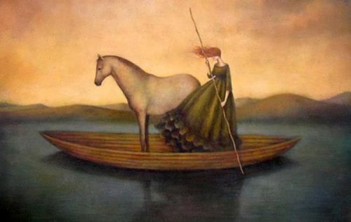 Czas upływa - Kobieta i koń na łodzi