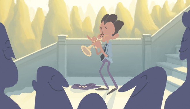 Mężczyzna grający na trąbce.