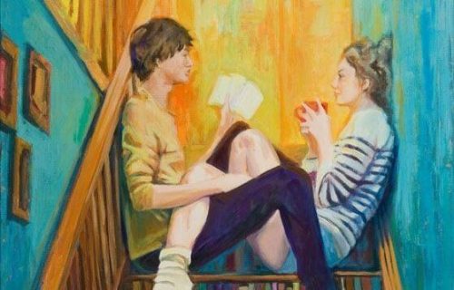 Zakochana para - rozmawia na schodach