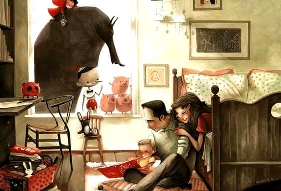 Wspólnie czytająca rodzina.