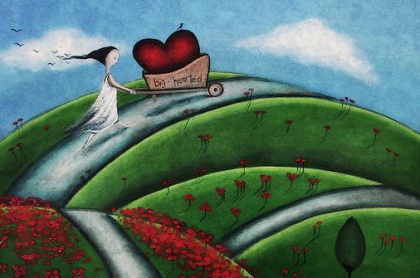 Dziewczyna pcha serce na taczce