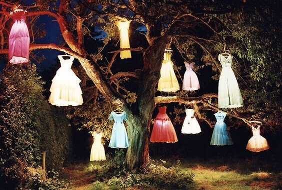 Świecące sukienki na drzewie.