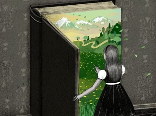 Dziewczyna otwiera książkę z zielonym ogrodem
