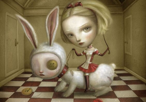 Dziewczyna z królikiem na smyczy.