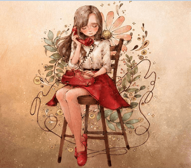 Dziewczyna siedzi na krześle trzymając telefon na kolanach