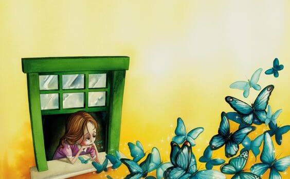 Dziewczynka w oknie i niebieskie motyle.