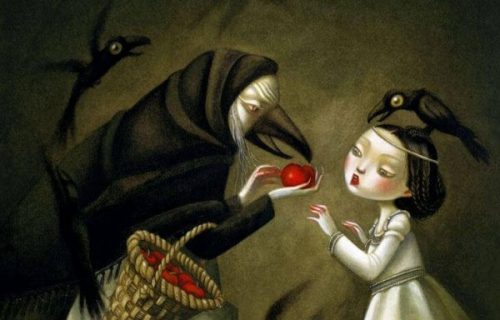 Wiedźma daje dziewczynce jabłko