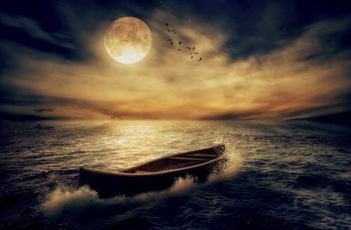 Łódka nocą - księżyc w pełni