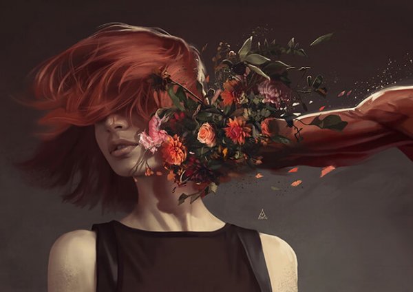 Dziewczyna uderzona pięścią owiązaną kwiatami.