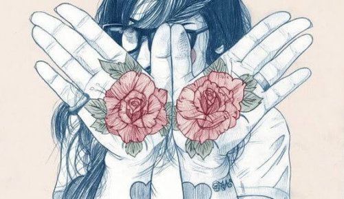 Dziewczyna z różami na dłoniach.