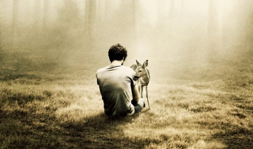 Lęk przed samotnością - mężczyzna i jeleń w lesie