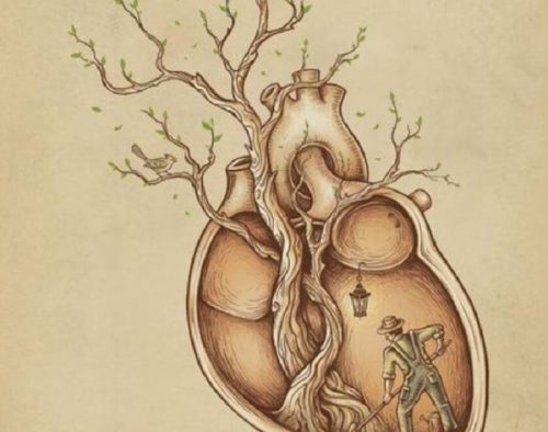 Serce z drzewem i człowiekiem w środku