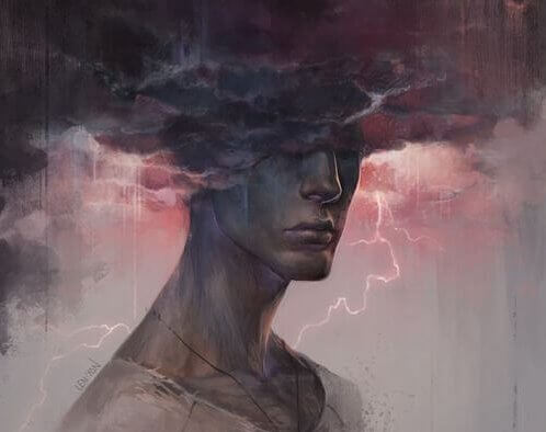 Mężczyzna z głową w burzowych chmurach.