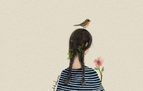 Dziewczynka z ptaszkiem na głowie.